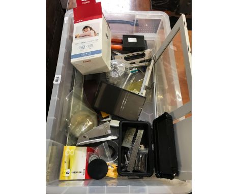 CARTON WITH SCISSORS, STAPLING GUNS, RULERS, BRASS BODIED COMPASS &amp; PHOTOGRAPHY PARTS
