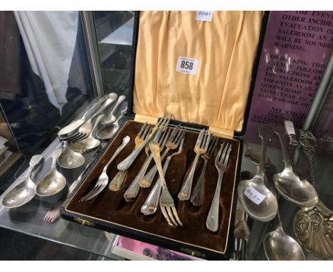 SHELF OF PLATED CUTLERY INCL; CADDY SPOONS