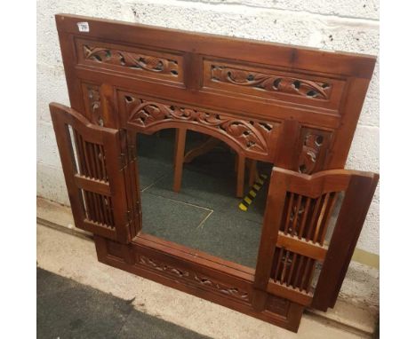 INDONESIAN CARVED WOODEN OVER MANTEL MIRROR WITH SHUTTERS