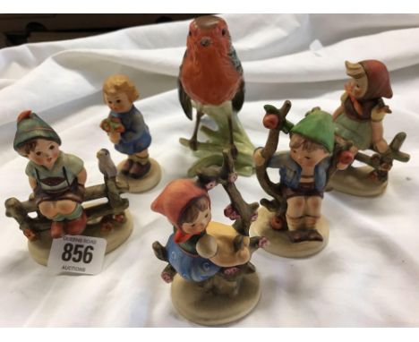 SHELF OF 5 GOEBEL FIGURINES &amp; A ROBIN REDBREAST