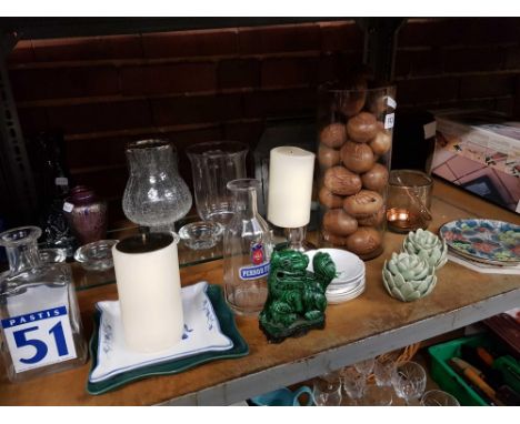 SHELF WITH GLASS WARE, VASES, QTY OF CARVED WOODEN EGGS, CANDLE LAMP HOLDER &amp; GLASS DISPLAY SHELF