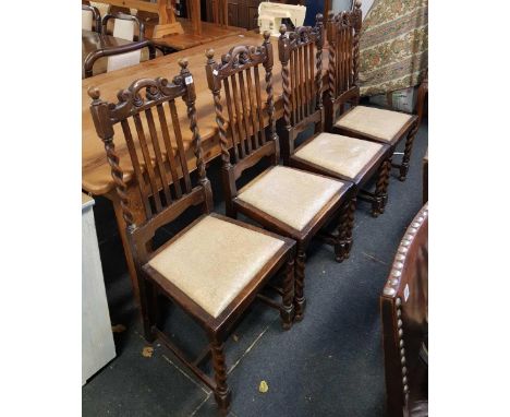 SET OF 4 1930's CARVED OAK STICK BACK DINING CHAIRS WITH BARLEY TWIST FEATURES