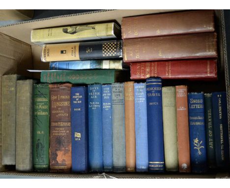 A collection of books relating to travel and exploration, titles including: Arabian Sands, by Wilfred Thesiger (1959), with d