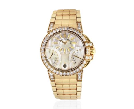 Harry Winston. An 18K rose gold and diamond set automatic calendar bracelet watch with mother of pearl dialModel: Ocean Biret