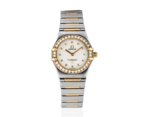 Omega. A lady's stainless steel and gold diamond set bracelet watch with mother of pearl dialModel: Constellation 'My Choice'