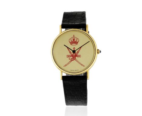 Chopard for Kutchinsky. An 18K gold quartz wristwatch with emblem of OmanReference: 1091Date: Circa 1990Movement: 7-jewel ETA