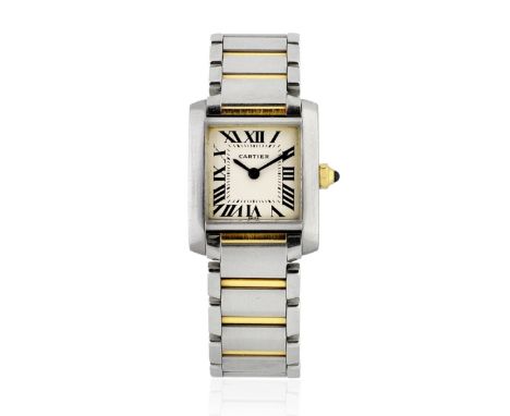 Cartier. A lady's stainless steel and gold quartz rectangular bracelet watchModel: Tank FrançaiseReference: 2384Date: Circa 2