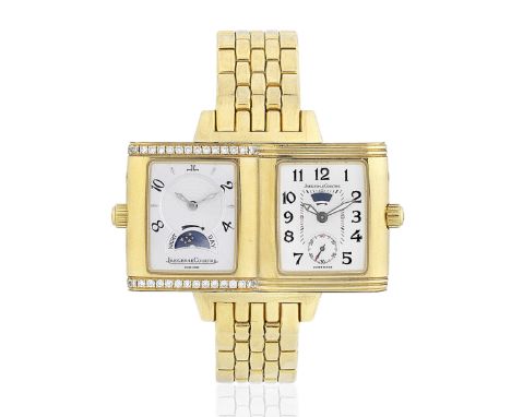 Jaeger-LeCoultre. An 18K gold and diamond set manual wind reversible rectangular bracelet watch with power reserve and night/
