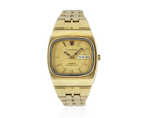 Omega. An 18K gold quartz calendar tonneau form bracelet watch with sigma dialModel: Constellation Megaquartz 32 KHzReference