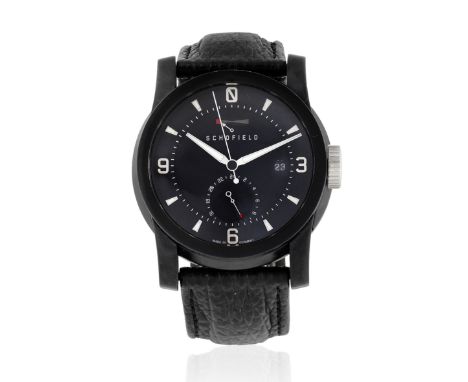 Schofield. A limited edition black DLC and stainless steel automatic calendar wristwatch with dual time zone and power reserv