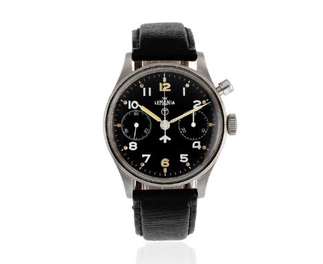 Lemania. A stainless steel manual wind single button chronograph wristwatch issued to the RAFDate: Circa 1953Movement: Gilt f