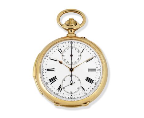 V. Lejeune, 16 Rue de la Banque, Paris. An 18K gold keyless wind minute repeating chronograph open face pocket watchDate: Cir