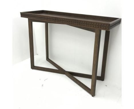 Rectangular mahogany side console, square supports joined by 'X' framed floor stretcher, W111cm, H81cm, D40cm - Condition Rep