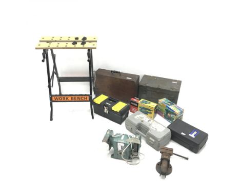 A quantity of tools including Nutool grinder, bench vice, trolley jack, folding work bench etc - Condition Report 