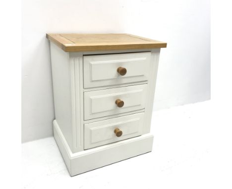Oak and white finish lamp chest, three drawers, platform base, W53cm, H69cm, D41cm - Condition Report 