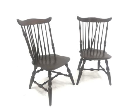 Pair vintage Stol hard wood stick back chairs, shaped cresting rail, turned supports joined by stretcher, W53cm - Condition R