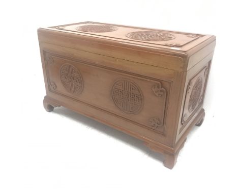Chinese camphor wood blanket box, single hinged lid, geometric pattern, shaped bracket supports, W105cm, H62cm, D55cm - Condi