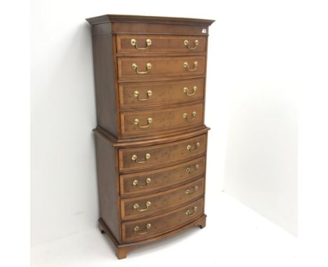Georgian style inlaid mahogany chest on chest, eight graduating drawers, ogee bracket supports, W77cm, H157cm, D43cm - Condit