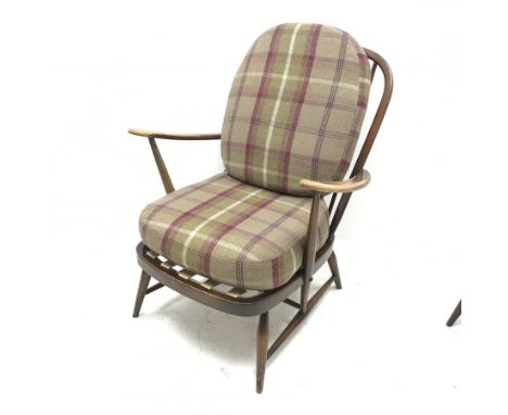 Ercol beech framed Windsor armchair, upholstered back and seat, turned supports, W72cm - Condition Report 