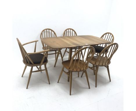 Ercol drop leaf elm and beech dining table (W140cm, H72cm, D75cm) and set six (4+2) Windsor dining chairs (W63cm) - Condition