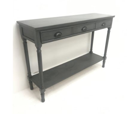 21st century painted console table, three drawers, turned supports joined by solid tier, W120cm, H82cm, D35cm - Condition Rep