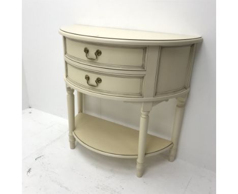 Laura Ashley demi-lune console side table, two drawers, turned tapering supports joined by single undertier, W86cm, H80cm, D4