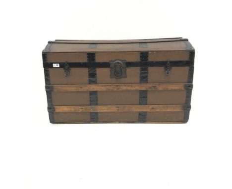 Early 20th century wood and metal bound dome top travelling trunk, L92cm, D48cm - Condition Report 