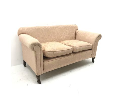 Early 20th century drop arm two seat sofa, scrolling arm, cabriole legs, W165cm - Condition Report 