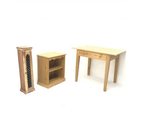 Solid pine side table, single drawer, square tapering supports (W103cm, H80cm, D66cm) and small pine bedside chest and a hard