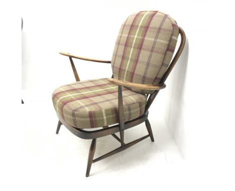 Ercol beech framed Windsor armchair, upholstered back and seat, turned supports, W72cm - Condition Report 