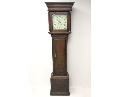 18th century oak cottage longcase clock, projecting cornice of square hood with column piasters, enamel Roman dial signed '(R