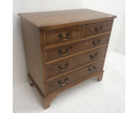 20th century yew wood cross banded chest,  two short and three long drawers, shaped bracket supports, W77cm, H76cm, D42cm - C