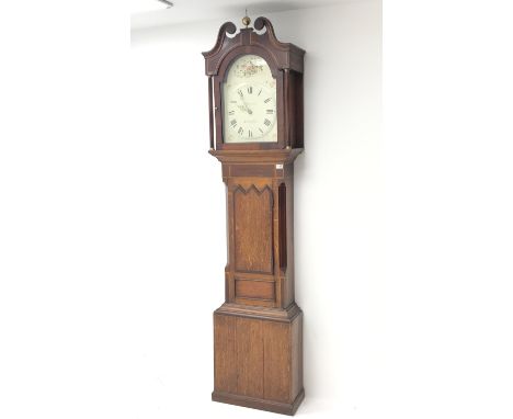 Early 19th century oak and mahogany banded longcase clock, stepped arch convex Roman dial signed 'A. Shepperley, Nottingham' 