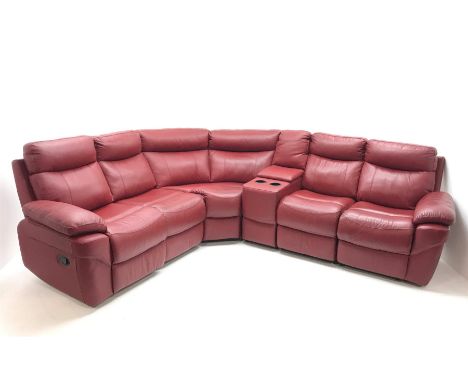 Large corner sofa upholstered in red leather, in built storage unit,  - Condition Report 