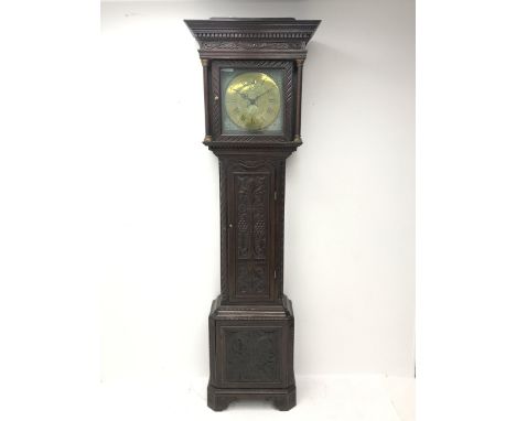 19th century heavily carved oak longcase clock, projecting dentil cornice over scrolled acanthus carved frieze, the trunk doo