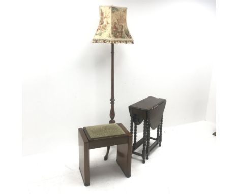 Art Deco style walnut piano stool, hinged upholstered seat, solid end supports (W52cm, H53cm, D36cm) an oak bobbin turned tea