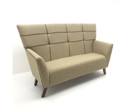 High back three seat sofa upholstered in a neutral fabric with contrasting piping (W199cm) and a matching low back two seat s