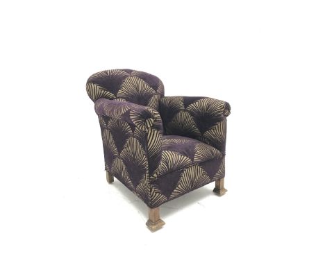 Art Deco style arm chair, upholstered in purple fabric, with square supports, W70cm - Condition Report 