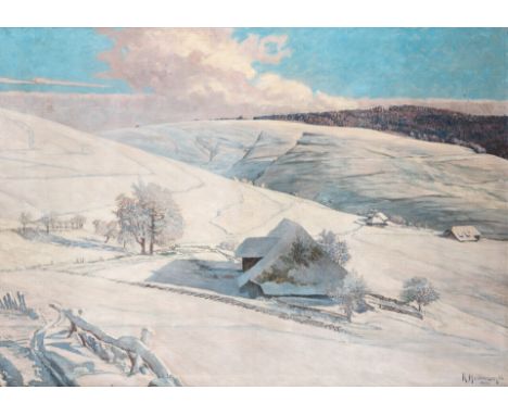 1881 Neustadt/Orla - 1935 Freiburg.  Öl/Lw. Im Abendlicht die tief verschneite Schwarzwaldlandschaft  auf der Halde mit Skisp
