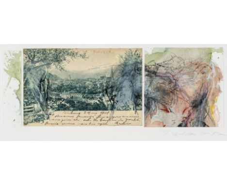 20. Jh. Collage/Mischtechnik. Triptychon. Überarbeitete Postkarte von  Freiburg von 1901. U.r. mit Bleistift unleserl. sign. 