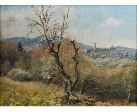 1930 Ahorn - 2010 Bad Soden/Taunus.  Öl/Malpappe. Sommerlicher Blick auf Burg Kronberg im Taunus.  U.r. sign. Verso sign. u. 