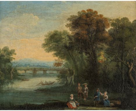 19. Jh.  Öl/Lw. Sommerliche Flusslandschaft mit Brücke. Am Ufer Angler,  Bauersleute und Rastende. (Craquelé, doubl.). 24,5 x
