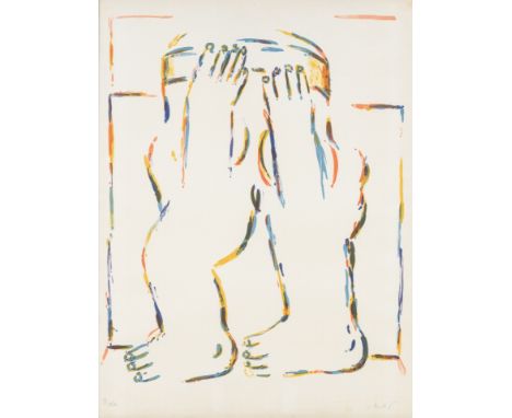 1936 Heppenheim. Tätig in Karlsruhe, Berlin und Castellina.  Lithogr. Kopffüßler mit Händen vor den Augen. U.r. mit  Bleistif