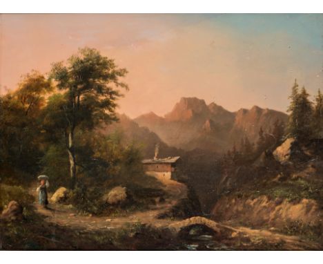 19. Jh.  Öl/Lw., aufgez. Abendstimmung in sommerlicher Gebirgslandschaft  mit heimkehrender Magd. (Min. Farbabriebe, leicht f