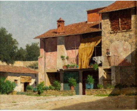 1854 Freiburg - 1925 ebd. Öl/Lw. In südlicher Landschaft, Blick auf ein sonnenbeschienenes  Gehöft mit Figurenstaffage. U.r. 