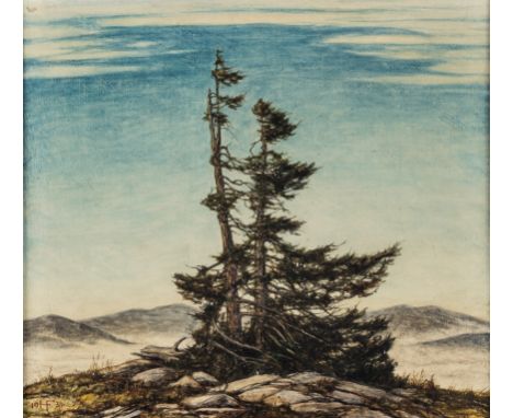 1892 Habelschwerdt/Glatz - 1975 Freiburg.  Tempera/Malpappe. Auf einer Anhöhe stehende Wettertanne im  Sturm. U.l. monogr. u.