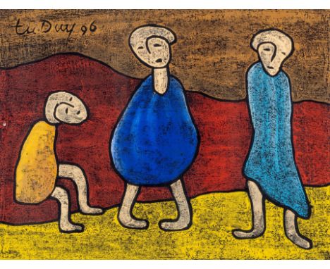 Geb. 1948. Tätig in Da Nang und Hanoi/Vietnam.  Pastellkreide. Drei Figuren in Landschaft. O.r. sign. u.  96(19) dat. 30 x 40