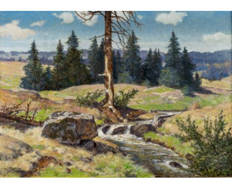 1873 Freiburg - 1950 ebd. Öltempera/Malpappe. Sommerliche Schwarzwälder Landschaft mit  Bachlauf. U.l. sign. u. 1945 dat. 50 
