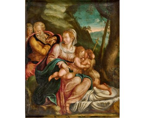 18. Jh.  Öl/Kupfertafel. Auf einer Waldlichtung, die Heilige Familie mit  Anna und Johannes dem Täufer, das Christuskind umar