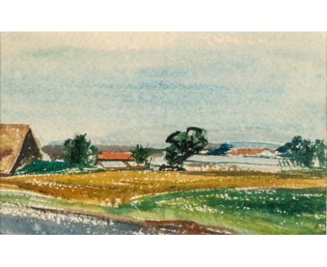1904 Waldkirch - 1999 Freiburg.  Aquarell. Weite Feldlandschaft im Frühjahr mit verstreut  liegenden Gehöften. Im Hintergrund